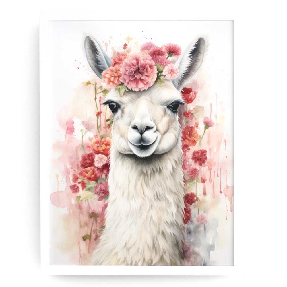 Watercolor Cute Floral Llama Wall Art Illustration Print Poster Card Unframed